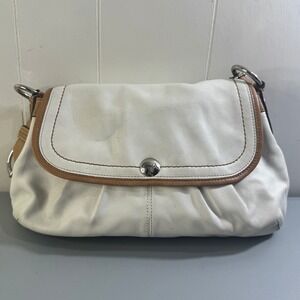 Coach White Tan Leather Flap Shoulder Bag Silver Hardware Hobo Handbag